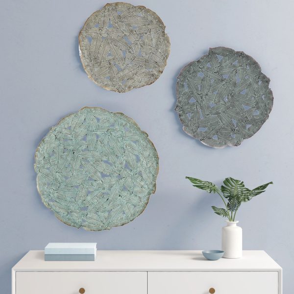 Madison Park Rosalie Textured Feather 3-piece Metal Disc Wall Decor Set