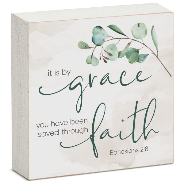 Wood Block Décor Message by Grace Saved Through Faith Sign. 3.75 inches Square. Made in The USA - Multi-38